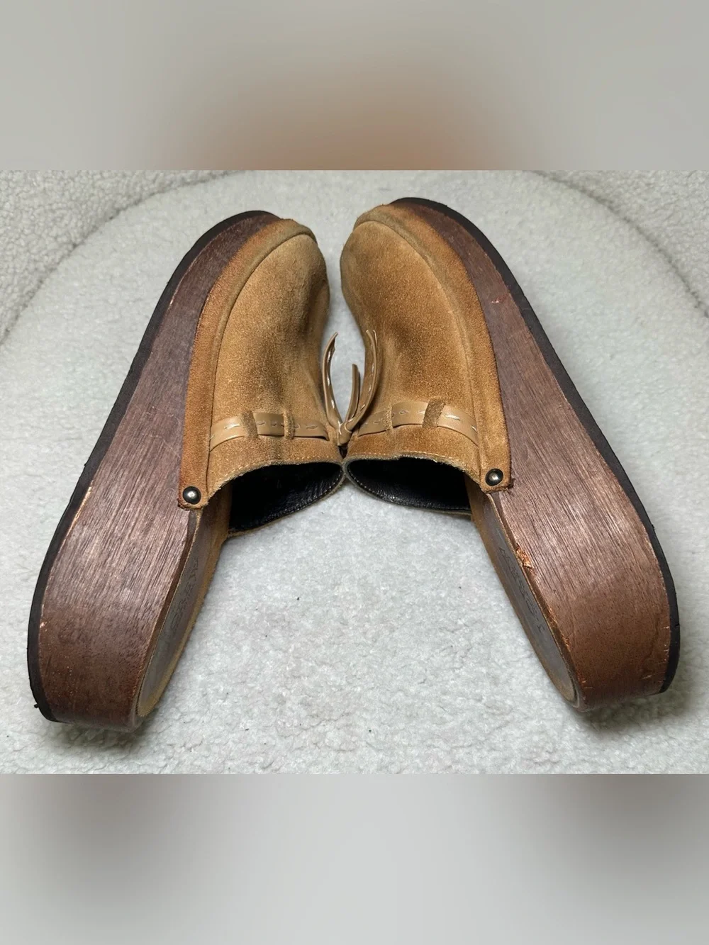 Vintage J.Crew Italian Suede Wooden Platform Clog Mules Boho Cottagecore 70’s 7